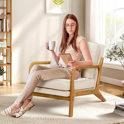 COLAMY Mid Century Modern Accent Chair Set of 2 with Lumbar Pillow, Relaxing Armchair with Solid Wood Frame & Soft Cushion, Reading Leisure Chair for Living Room（Beige）