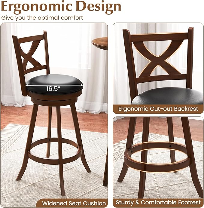 COSTWAY Bar Stools Set of 2, 30 Inch Classic Bar Height Chairs with X-Shaped Open Back, 2 PCS Swivel Barstool Set for Kitchen Island, Pub, Bistro, Café, Espresso (2, 30 Inch)