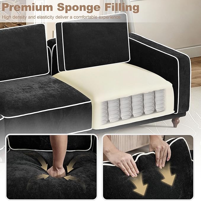 146" 4 Seater Cloud Couch with 2 Ottoman,Modular Sectional U Shaped Sofa with Armrests Wooden Legs,Oversized Deep Seat Comfy Thicked Cushion Upholstered Sofa for Living Room Bedroom,Black