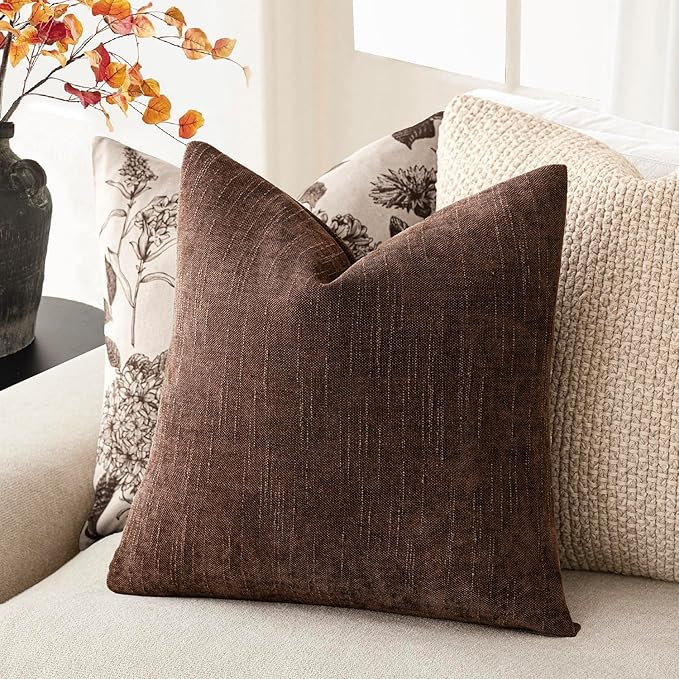 Foindtower Pack of 2 Soft Textured Chenille Throw Decorative Pillow Covers Square Accent Solid Cushion Cover Cozy Neutral Farmhouse Pillow Case for Couch Sofa Bedroom Living Room 16x16 Inch,Red Brown
