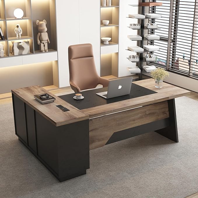 Office Desk with Drawers, 78.74 Inches L-Shape Executive Desk, Industrial Wood Desk with Storage Shelves, Modern Computer Desk for Home Office, Black and Wood, Right