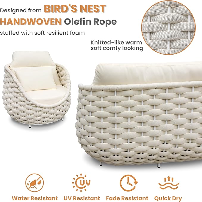 Woven Rope Outdoor Sofa Set: 5 Pieces Aluminum Patio Conversation Set Assembled - All Weather Cushioned Porch Furniture Couch - Modern Metal Lounge Set for Deck Yard Resort Hotel Sunroom, Beige