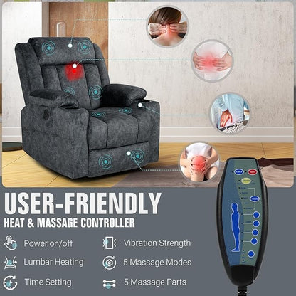 LEVELEVE Retro Rocking Recliner Chair, Massage Rocker Recliner Chair with Vibration Massage and Heat, USB and Type-C Ports,360° Swivel Chairs,Living Room, Bedroom, Nursery, RV, Dark Grey