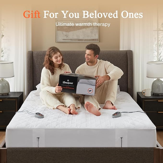 Beautyrest Cotton Heated Mattress Pad - Bed Warmer with 20 Heat Settings Controller, Auto Shut Off Timer, All Around Elastic Deep Pocket, UL Certified, Machine Washable, White Cal King