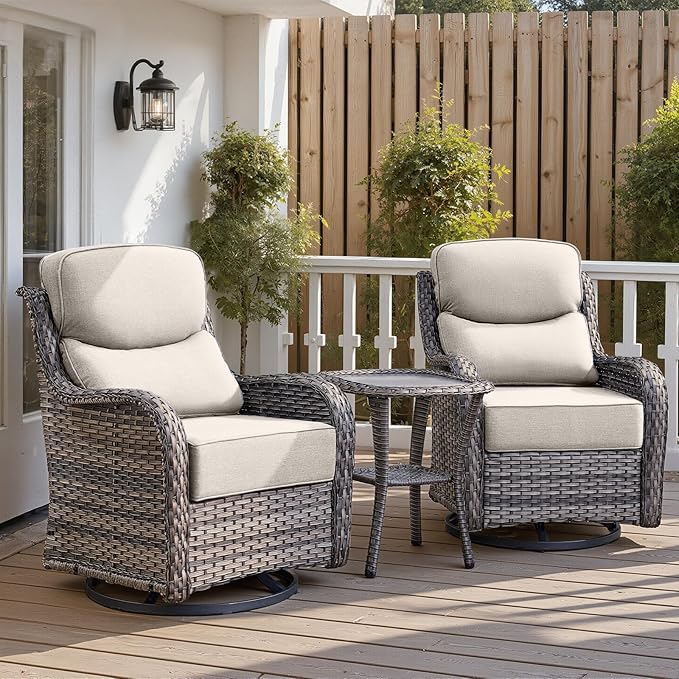 Belord Luxury 6" Thick Cushioned Outdoor Swivel Rocker Patio Chairs with Side Table, 3 Pieces High Back Wicker Furniture Set with Ergonomic Back, Conversation Gliders Set for Deck Porch - Grey+Beige