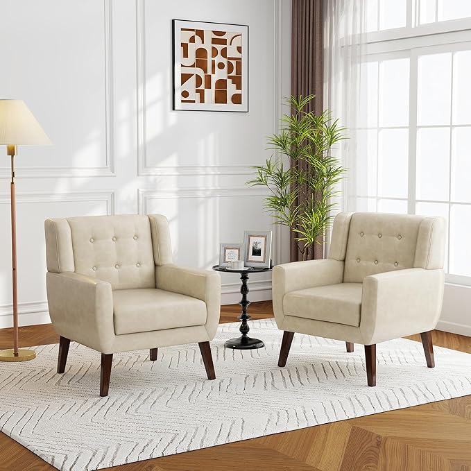 Lumibee Accent Chairs Set of 2, Modern Faux Leather Armchairs for Living Room, Comfy Upholstered Arm Chairs Tufted for Indoor Bedroom Office Room (P Cream)