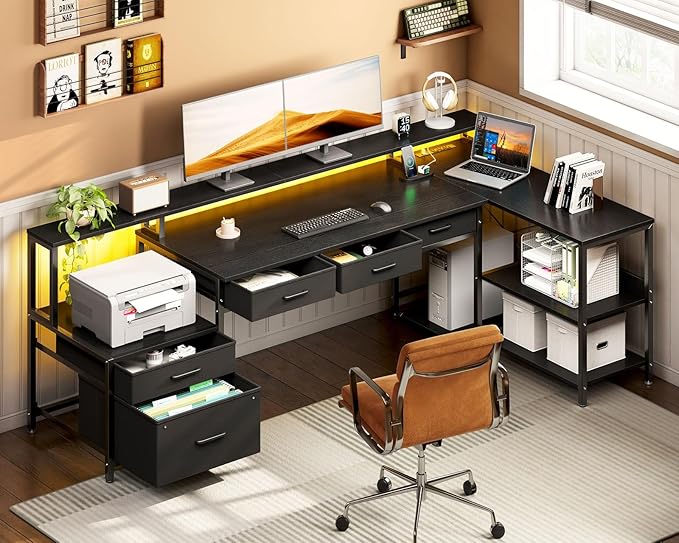 AODK L Shaped Desk with 5 File Drawers, 75" Reversible L Shaped Computer Desk with Power Outlet & LED Strip, Office Desk with Storage Shelves, Gaming Table with Monitor Shelf, Corner Table, Black