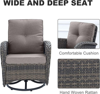 HUMMUH 5-Piece Patio Furniture Set with Fire Pit,Wicker Outdoor Swivel Rocker Chairs Patio Sofa for Backyard,Poolside,Deck,Brown Grey