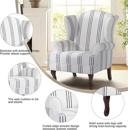 Pia Ricco Set of 2 Stripe High Back Accent Chairs: Upholstered Fabric Armchairs with Solid Wood Legs - Retro Living Room Pair, Comfy Reading Sofa Seats-Navy