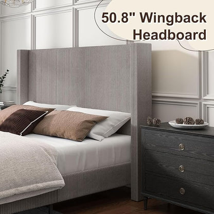 HOWE Queen Size Upholstered Platform Bed Frame, Wingback Bed with 50.8" Headboard, Corduroy/Solid Wood Leg/No Box Spring Needed/Noise Free/Taupe