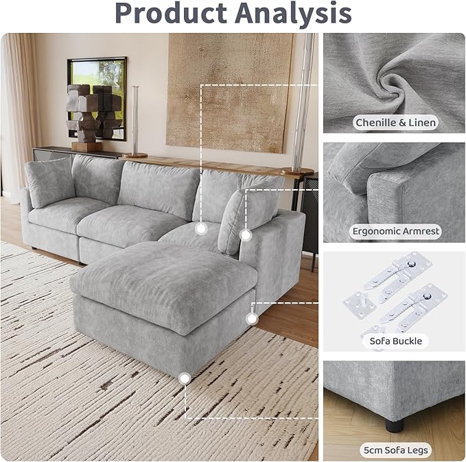 Cloud Sectional Couches for Living Room,100.5" Convertible L Shaped Couch with Ottoman, 4 Seater Modular Sectional Sofa,Deep Seater Furniture Sets,Gray