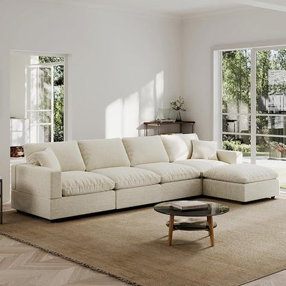 Modern Sectional Linen Couch for Living Room L-Shape Sofas,5 Seat Modular Cloud Sofas,Couches Cushion Covers Removable,Cozy Feather Down Sofa for Apartment Beige