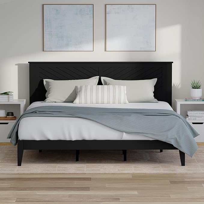 Serene Farmhouse Style Wood Bed in King Size with Chevron Scoring Headboard, Coastal Modern Design, Sturdy, Easy Assembly, Ample Underbed Storage, Black Finish
