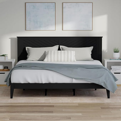 Serene Farmhouse Style Wood Bed in King Size with Chevron Scoring Headboard, Coastal Modern Design, Sturdy, Easy Assembly, Ample Underbed Storage, Black Finish