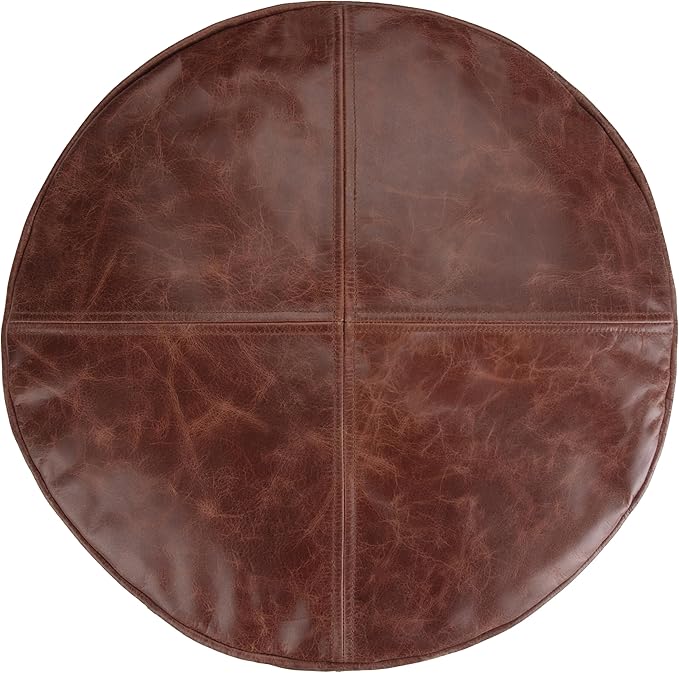 SIMPLIHOME Connor Round Pouf - 18 inch Wide Upholstered Genuine Leather Ottoman in Distressed Brown, Boho Footstool or Extra Seating for Living Room or Bedroom with Polystyrene Filling, Assembled
