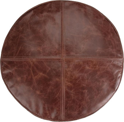 SIMPLIHOME Connor Round Pouf - 18 inch Wide Upholstered Genuine Leather Ottoman in Distressed Brown, Boho Footstool or Extra Seating for Living Room or Bedroom with Polystyrene Filling, Assembled