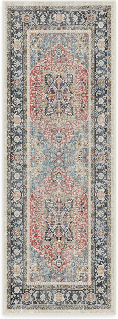 RUGGABLE Washable Vintage Runner Rug – Kamran Cayenne Red 2.5x7, Stain-Resistant, Non-Slip Hallway Runner – Machine Washable Rug for Hallway, Entryway, Living Room & Kitchen–with Cushioned Pad