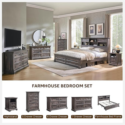 Farmhouse 6 Drawers Dresser for Bedroom, 54" Wide Large Dressers & Chests of Drawers w/Roman Column, Wooden Dresser TV Stand with Large Drawers for Nursery Bedroom Living Room Hallway,Dark Rustic Oak