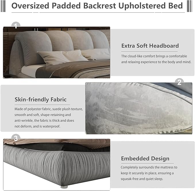 Queen Size Upholstered Platform Bed with Oversized Padded Backrest and Solid Wood Frame for Bedroom, Apartment Room (Beige, Queen (U.S. Standard))