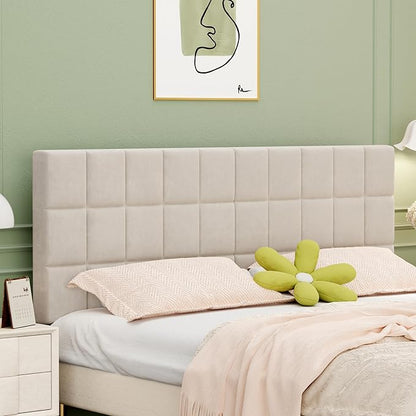 ALISH Velvet Tufted Headboard with Adjustable Height and Width, Foldable Upholstered Headboard with Metal Legs for King Size Metal and Wood Bed Frame (Beige, King)