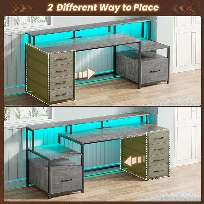 SEDETA Home Office Desk with File Drawer & Power Outlet, 66'' Computer Desk with 5 Drawer, Storage Shelves, Printer Cabinet and Monitor Shelf, Gaming Desk with Led Lights, Grey
