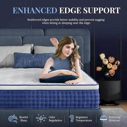 King Size Mattress, 14 Inch Hybrid King Size, Medium Feel Foam and Individual Pocket Springs, Fiberglass Free Bed Mattress, Extra Edge Support, Pressure Relief, CertiPUR-US, Blue