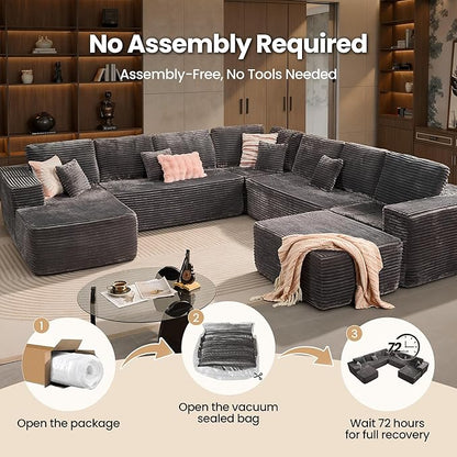 Cloud Sectional Couch with Chaise, Boneless U-Shaped Cloud Couch with Deep Seat, Soft Plush Modern Minimalist Sofa, Assembly Free Modular Floor Sofa for Office Living Room Apartment, Grey