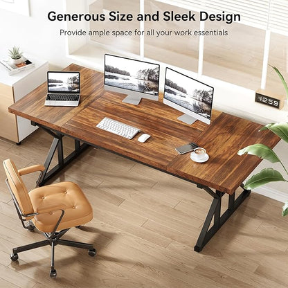 LITTLE TREE 70.8-Inch Office Desk, Wooden Executive Office Desk, Modern Work Desk, Large Farmhouse Writing Table Computer Desk for Home, Brown-Black