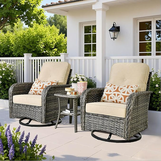Wicker Rocking Chair Swivel Chairs - 3 Piece Rocker Glider Patio Chairs Set Rattan Rocking Chair for Outdoor Porch Deck Garden Backyard,Beige