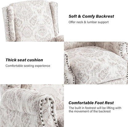 Pushback Recliner Chair, Floral Fabric Wingback Recliner Chair, Upholstered Armchair Push Back Recliner, Rivet Trim Single Sofa Accent Chair with Wood Legs for Living Room, Beige