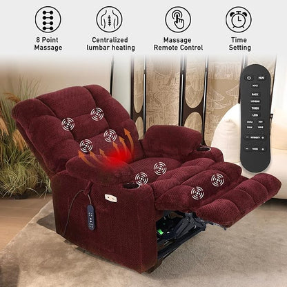 EONIX Dual Motor Wide Power Lift Recliner Chair for Elderly, Oversized Lay Flat Lift Chair with Heat and Massage and Cup Holders, 400lbs Heavy Duty Big and Tall Lift Recliner, Burgundy