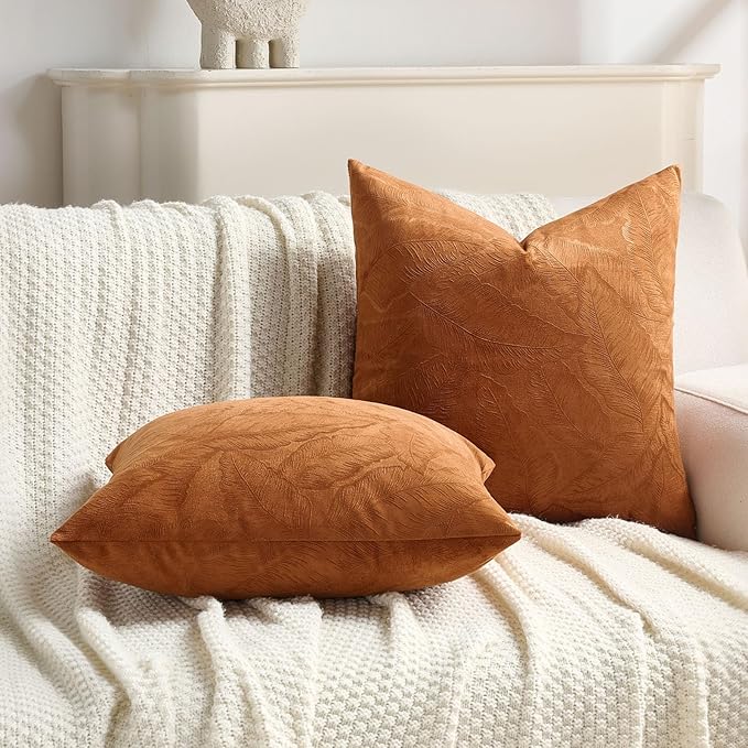 FUTEI Rust Velvet Throw Pillow Covers 12x20 Inch Set of 2,Soft Embossed Leaf-Relief Textured Lumbar Pillow Cases,Natural Home Decor for Couch Living Room