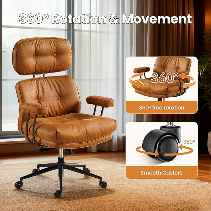 Home Office Desk Chair, Mid-Century Modern Office Chair with Adjustable Lumbar Support, Thickened Cushion Executive Desk Chair with 360 Rolling Swivel for Meeting Game Study Room(Light Brown)