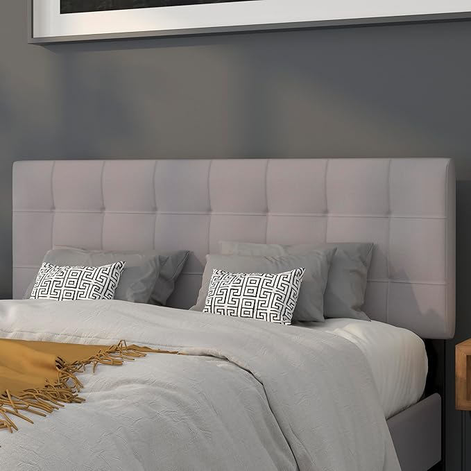 EMMA + OLIVER Quilted Tufted Queen Size Headboard in Light Gray Fabric