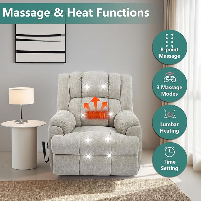 Power Lift Recliner Chair for Elderly, Oversized Chenille Electric Recliners Chairs for Living Room, Dual Motor 180° Lay Flat Recliner Big Sofa with Massage and Heating, Heavy-Duty, Beige