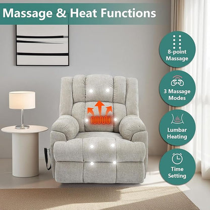 Power Lift Recliner Chair for Elderly, Oversized Chenille Electric Recliners Chairs for Living Room, Dual Motor 180° Lay Flat Recliner Big Sofa with Massage and Heating, Heavy-Duty, Beige