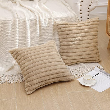 Pallene Faux Fur Plush Throw Pillow Covers 24x24 Set of 2, Luxury Soft Fluffy Striped Decorative Pillow Covers for Sofa, Couch, Living Room, Khaki