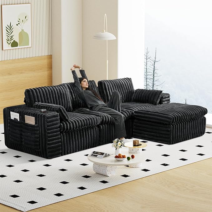 114" Cloud Boneless Sectional Couches for Living Room, Modular Sectional Sofa with Cup Holder, Cozy Fluffy L Shaped Deep Seat Couch with Storage Pocket, No Assembly Required, Dark Black