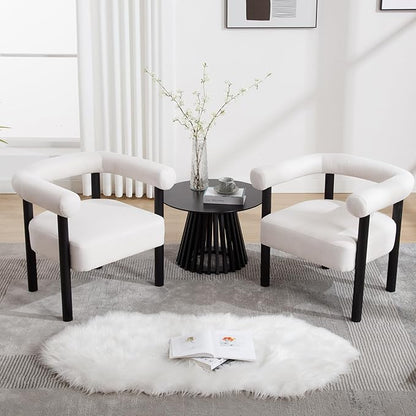 Barrel Accent Chairs Set of 2, Linen Upholstered Modern Living Room Chairs, Comfy Accent Chairs with Curved Backrests and Wood Legs Armchairs for Living Room, Bedroom, Beige