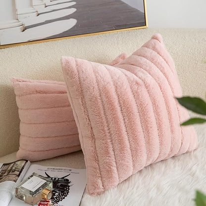 Pack of 2 Faux Fur Throw Pillow Covers 22x22 Inch Striped Decorative Soft Plush Couch Pillow Case Home Decor for Bed, Sofa, Living Room Pink