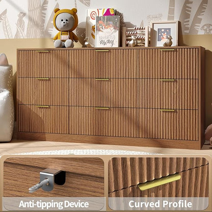 Fluted Dresser for Bedroom with 9 Drawer, 63” Wide Wooden Dresser Mid Century Chest of Drawers with Handle, Dressers TV Stand Storage Organizer for Bedroom, Living Room, Natural Wood