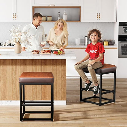 Counter Height Bar Stools Set of 3, 24" Barstools for Kitchen Countertop, Faux Leather Counter Stools with Thick Square Seats & Sturdy Metal Base, Simple Assembly, Brown