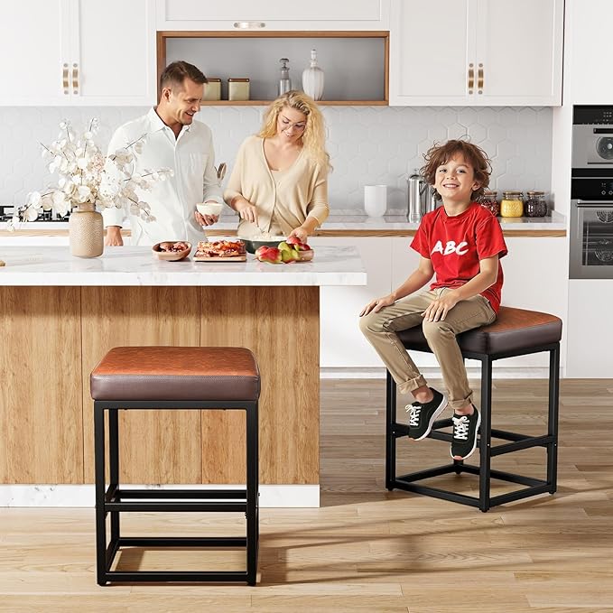 Counter Height Bar Stools Set of 2, 24" Barstools for Kitchen Countertop, Faux Leather Counter Stools with Thick Square Seats & Sturdy Metal Base, Simple Assembly, Brown
