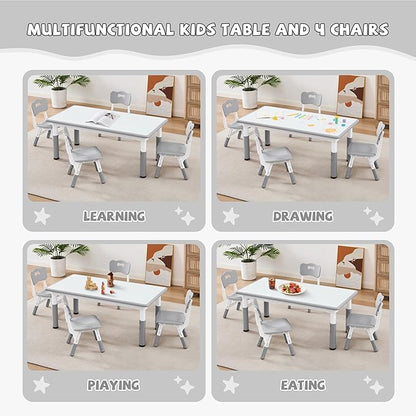 Adjustable Kids Table Chairs Set – Graffiti Desktop, Multi-Activity Height-Adjustable Toddler Study Desk for Ages 3-8 – Ideal for Home, Classroom, Daycare (B-Gray, 4 Chairs-47.2" L x 23.6" W)