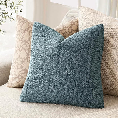 Foindtower Set of 2, Decorative Textured Boucle Throw Pillow Covers Accent Solid Pillow Cases Neutral Cozy Couch Cushion Case for Chair Sofa Bedroom Living Room Home Decor 26x26 Inch Misty Blue