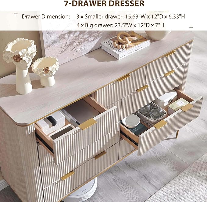 T4TREAM Fluted 9 Drawers Dresser, Modern Wooden Top Chest of Drawers with Curved Profile Design, Dresser TV Stand Drawer Organizers for Bedroom, Living Room, Hallway(White Alder)