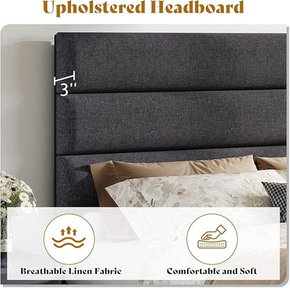 AMERLIFE Queen Size Bed Frame with Linen Upholstered Headboard, Modern Platform Bed with Wooden Slats Support, Noise-Free, No Box Spring Needed, Easy Assembly, Grey