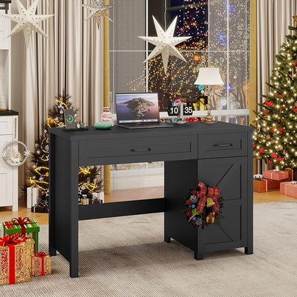 Farmhouse 47" Executive Desk, Computer Desk with Drawers and Storage Cabinet, Workstation for Home Office and Study.(Pure Black)