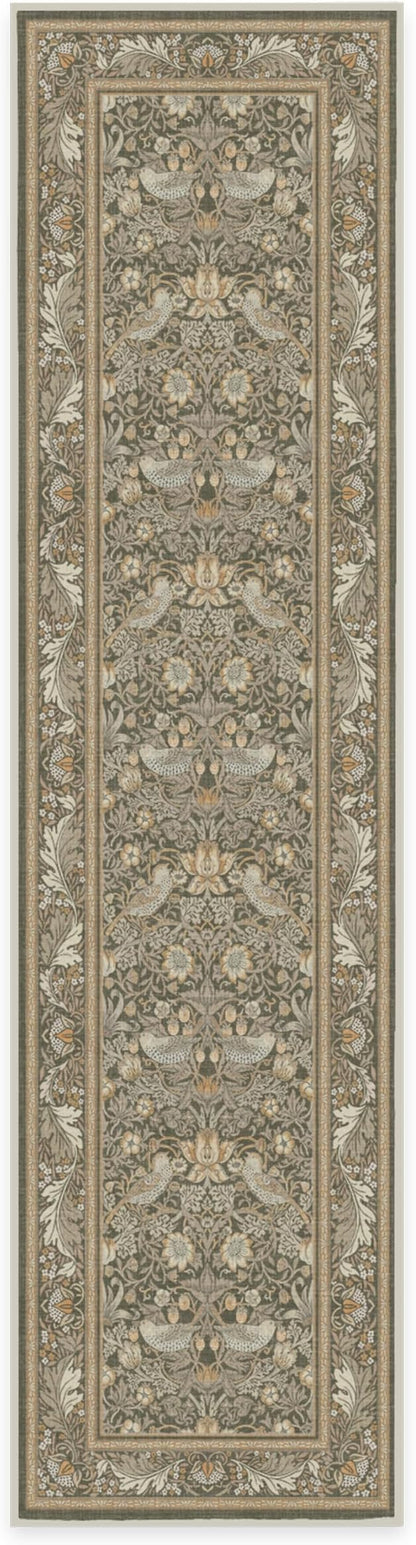 RUGGABLE x Morris & Co Machine Washable Runner Rug – Strawberry Thief Stone Gold 2.5x10, Stain-Resistant, Non-Slip – Washable Rug for Hallway, Entryway, Living Room & Kitchen–with Cushioned Pad