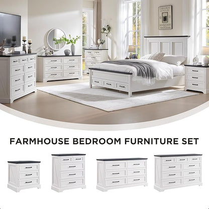 ACCOHOHO Farmhouse King Size Bed Frame with 52" Tall Headboard, Wood Platform Bedframe with Footboard and Storage Drawers, No Squeak, No Box Spring Needed, Off White